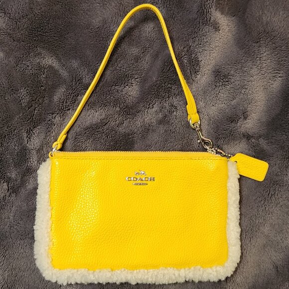 Coach Yellow Leather Shearling Trim Wristlet - Picture 6 of 9